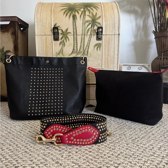 Sharif Black Studded Leather Tote, Detach   able Chain Straps & Removable Pouch - Picture 1 of 17